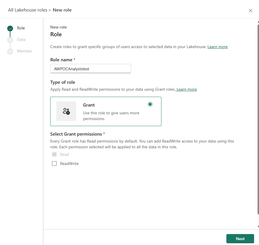 New role wizard — Role step: name AWPOCAnalysts, type Grant, Read checked, ReadWrite unchecked
